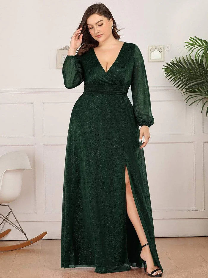 Plus Size V-Neck Shiny Puff Sleeve Evening Dress Mother of the Bride Dresses