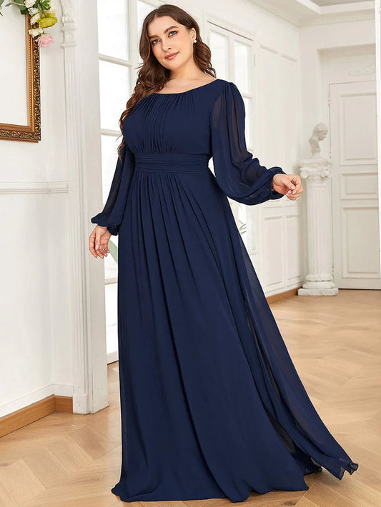 Plus Size See-Through Puff Sleeve Chiffon Mother Dress Wedding Guest Party Dress