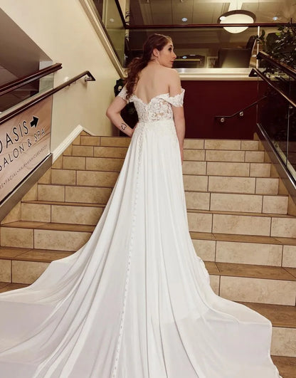 Elegant A-Line Off The Shoulder Chapel Train Lace And Satin Wedding Dress