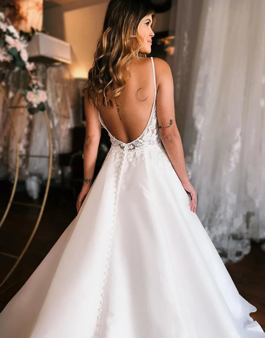 Elegant A-Line Spaghetti Straps Open Back Wedding Dress