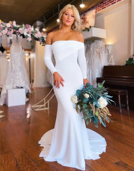 Elegant Mermaid Stretch Satin Off The Shoulder Sleeves Wedding Dress