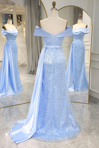 Glitter Blue Off The Shoulder Mermaid Long Prom Dress with Split