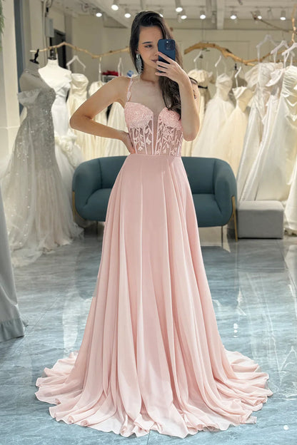 Light Pink Spaghetti Straps Long Chiffon Prom Dress With Appliques