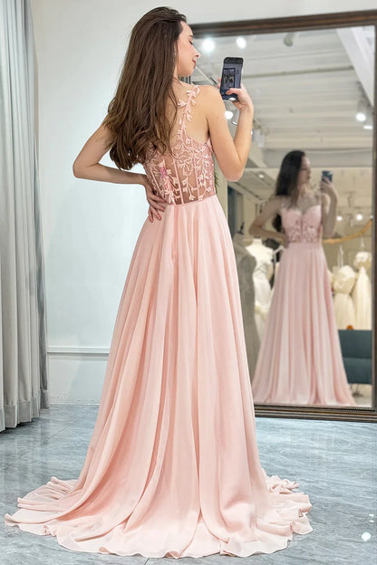 Light Pink Spaghetti Straps Long Chiffon Prom Dress With Appliques