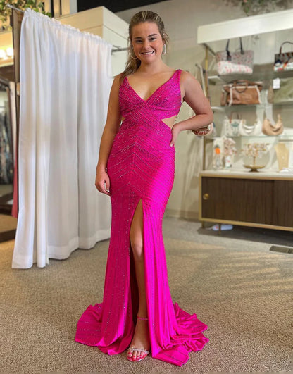 Fuchsia V-Neck Cutout Waist Glitter Prom Dress With Split