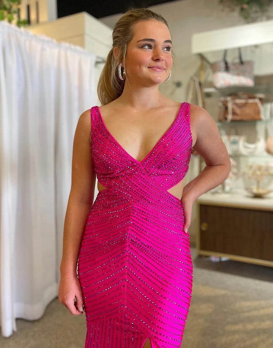 Fuchsia V-Neck Cutout Waist Glitter Prom Dress With Split