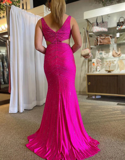 Fuchsia V-Neck Cutout Waist Glitter Prom Dress With Split