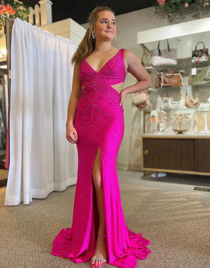 Fuchsia V-Neck Cutout Waist Glitter Prom Dress With Split