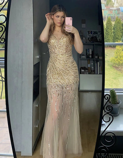 Golden Sparkly Sequin Long Glitter Prom Party Dress