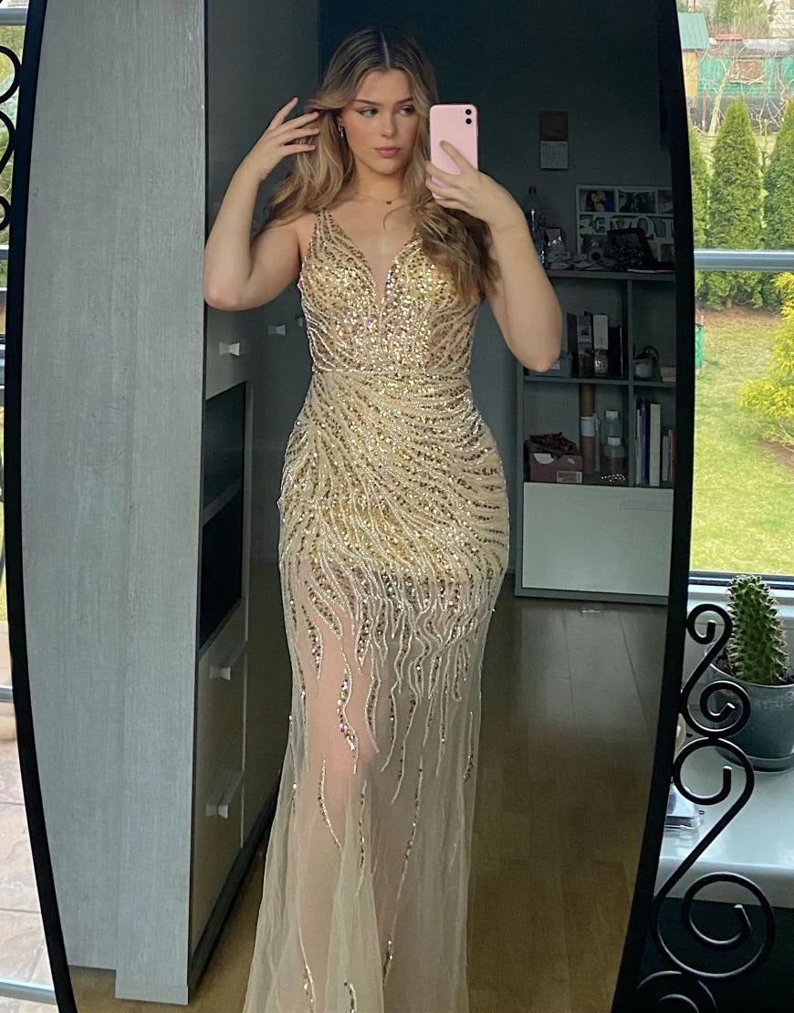 Golden Sparkly Sequin Long Glitter Prom Party Dress