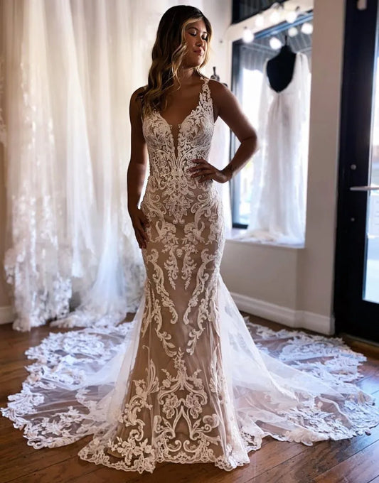 Gorgeous Dark Champagne Mermaid Wedding Dress With Appliques