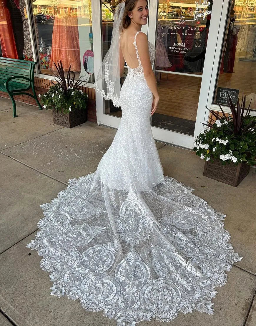 Gorgeous Mermaid Chapel Train Open Back Wedding Dress With Sequin