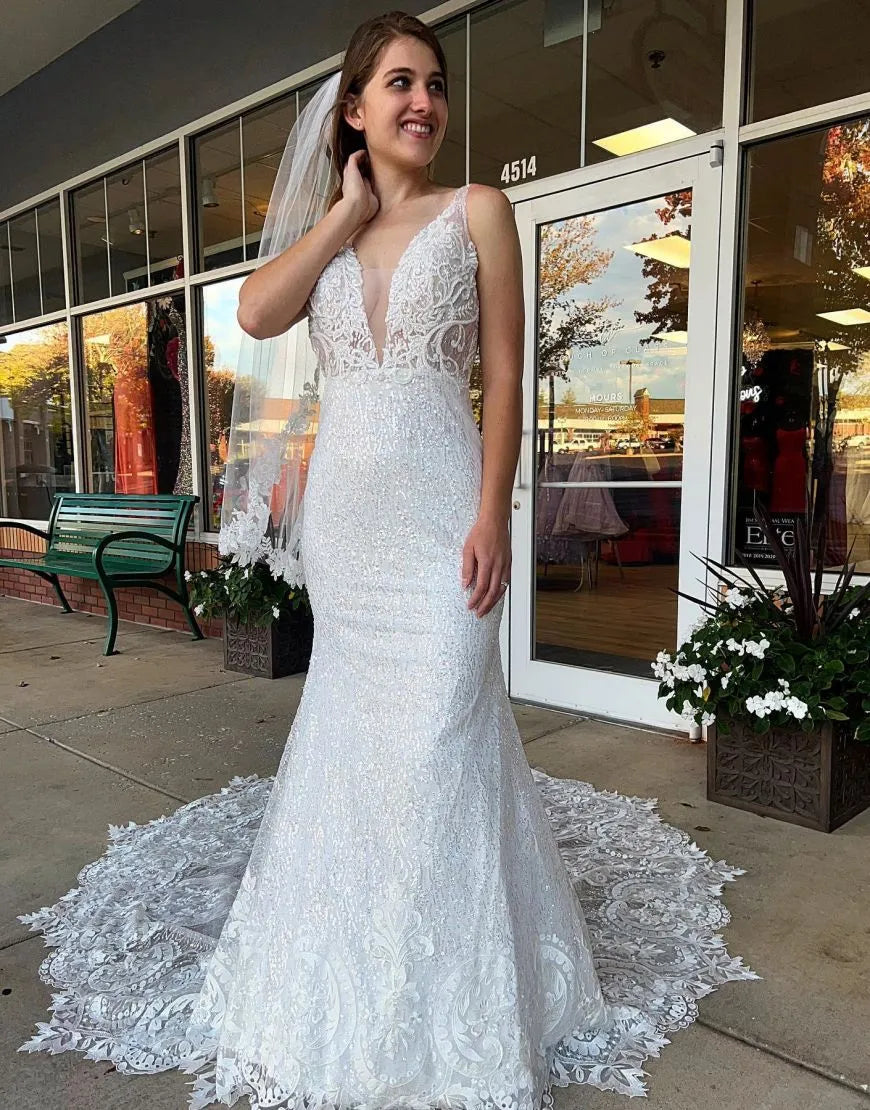 Gorgeous Mermaid Chapel Train Open Back Wedding Dress With Sequin