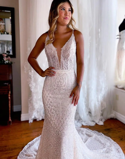 Gorgeous Mermaid Deep V-Neck Glitter Wedding Dress