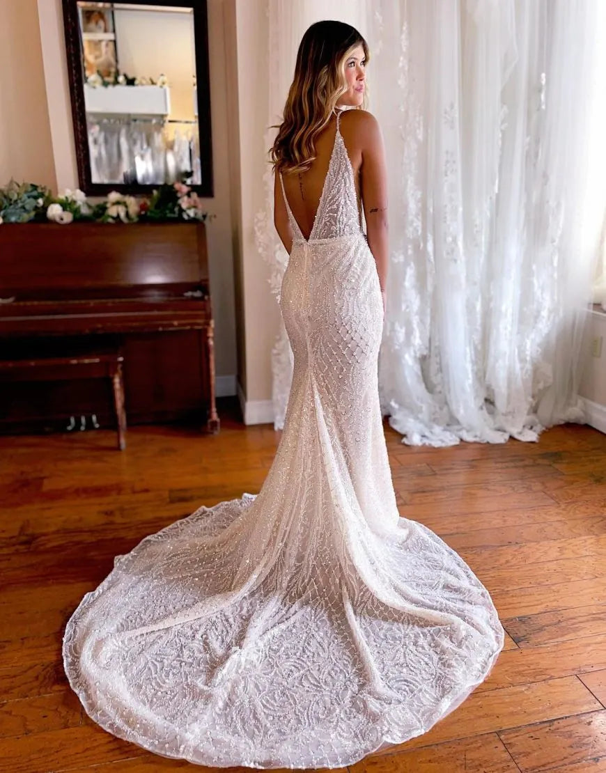 Gorgeous Mermaid Deep V-Neck Glitter Wedding Dress