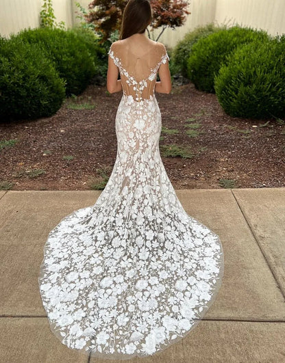 Gorgeous Mermaid Illusion Neckline Court Train Lace Wedding Dress