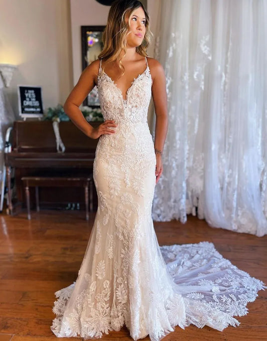 Gorgeous Mermaid Spaghetti Straps Key Hole Back Wedding Dress