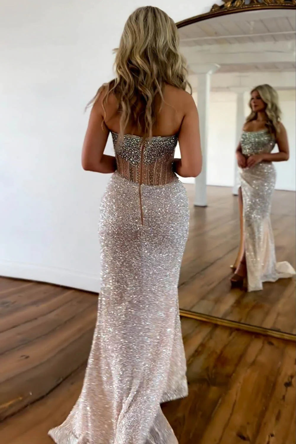 Sparkly Gorgeous Strapless Long Mermaid Beaded Prom Dress With Split