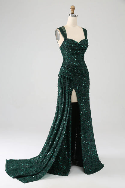 Dark Green Sheath Sparkly Sequin Pleated Long Prom Dress With Thigh Split