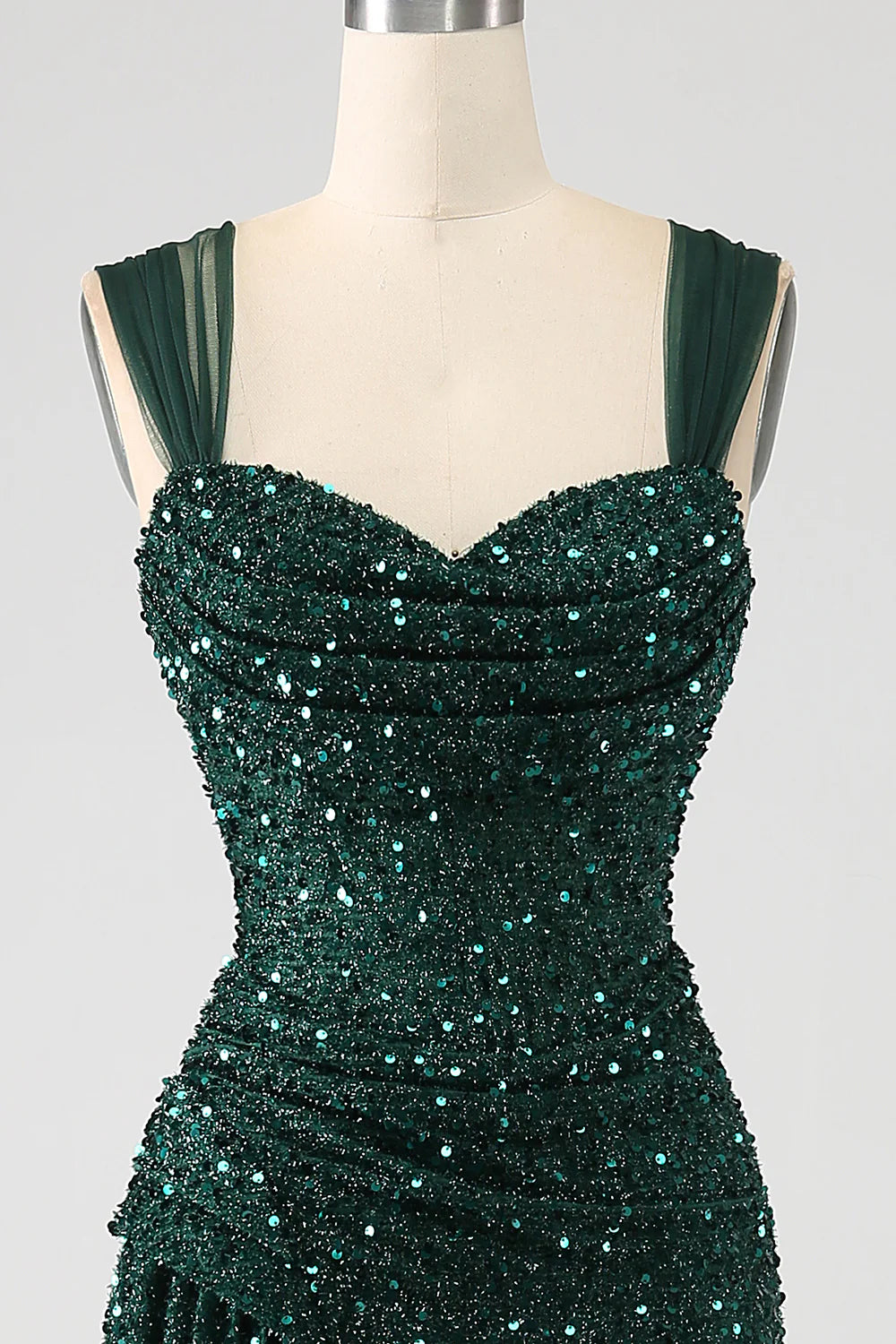 Dark Green Sheath Sparkly Sequin Pleated Long Prom Dress With Thigh Split