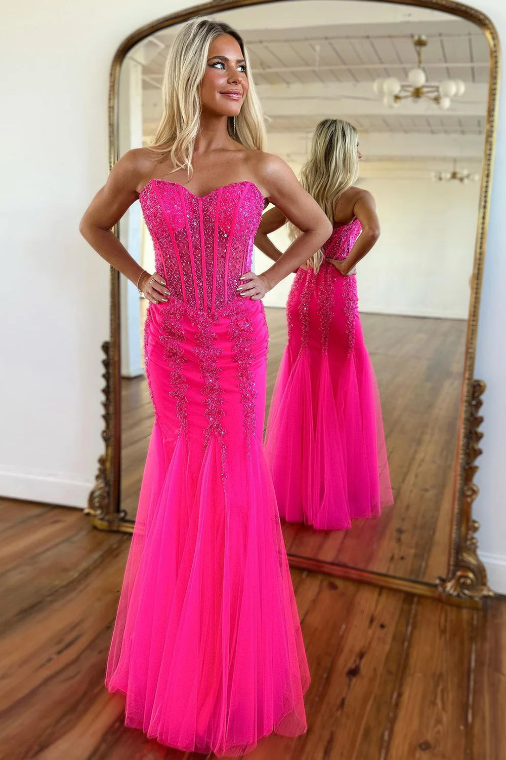 Hot Pink Floor Length Mermaid Sweetheart Tulle Prom Dress With Beading