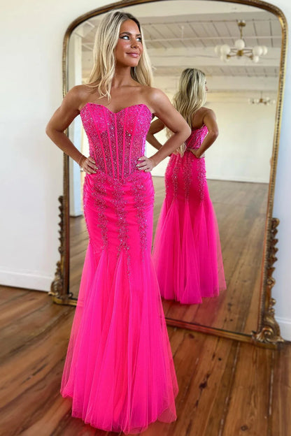 Hot Pink Floor Length Mermaid Sweetheart Tulle Prom Dress With Beading