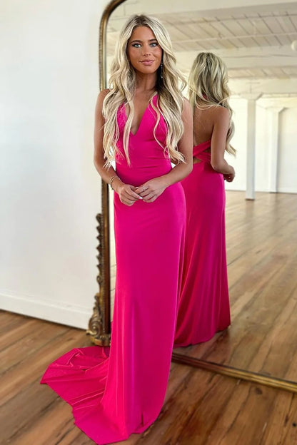 Hot Pink V-Neck Cross Back Long Satin Corset Prom Party Dress