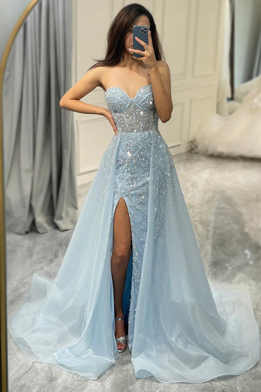 Luxurious Glitter Light Blue Long Corset Prom Dress With Sweep Train