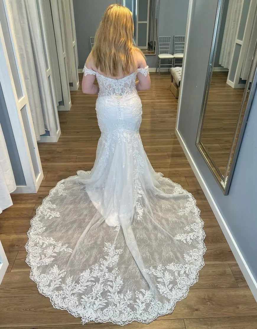 Ivory Mermaid Off The Shoulder Chapel Train Wedding Dress With Appliques