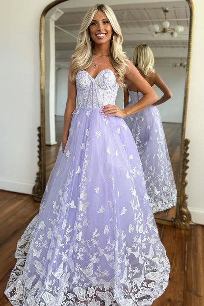 Lilac A-Line Sweetheart Zipper Back Long Tulle Prom Dress With Appliques