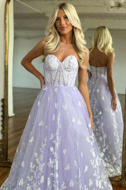 Lilac A-Line Sweetheart Zipper Back Long Tulle Prom Dress With Appliques