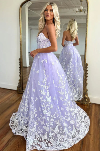 Lilac A-Line Sweetheart Zipper Back Long Tulle Prom Dress With Appliques