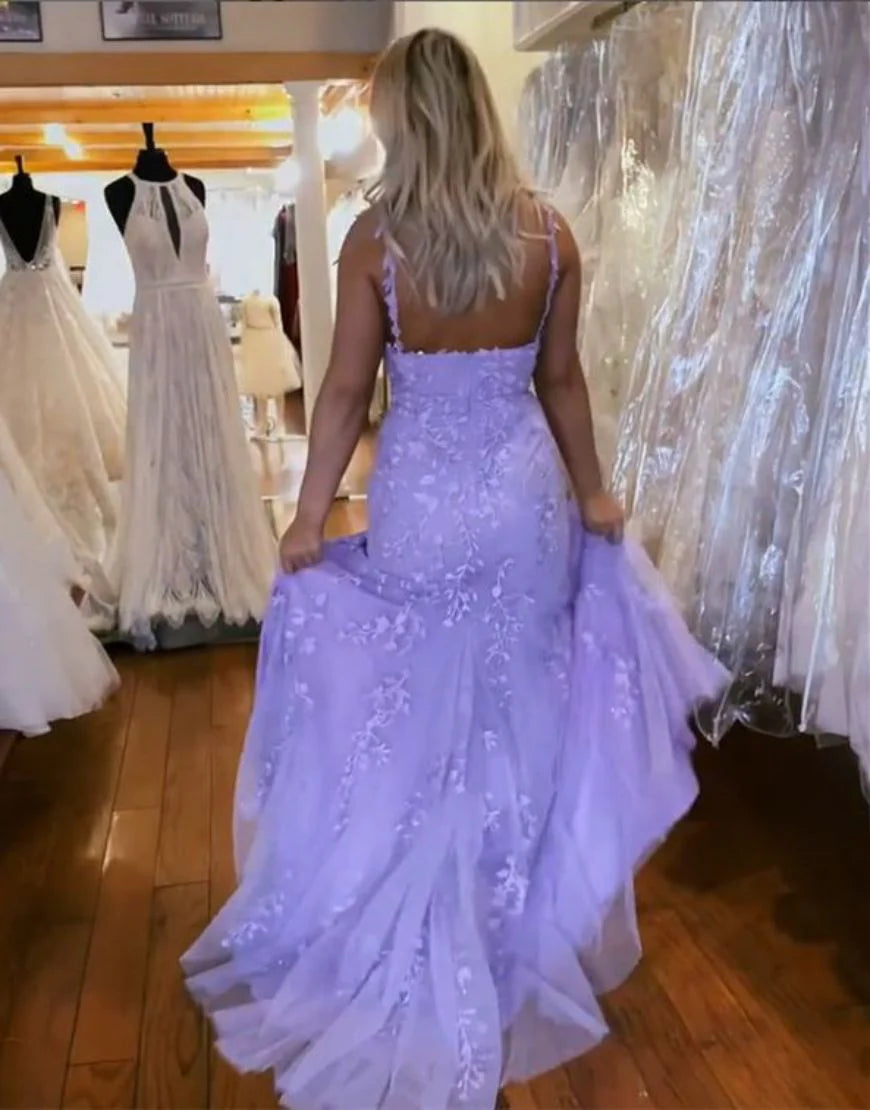 Lilac Spaghetti Straps Zipper Back Long Lace Prom Dress With Split