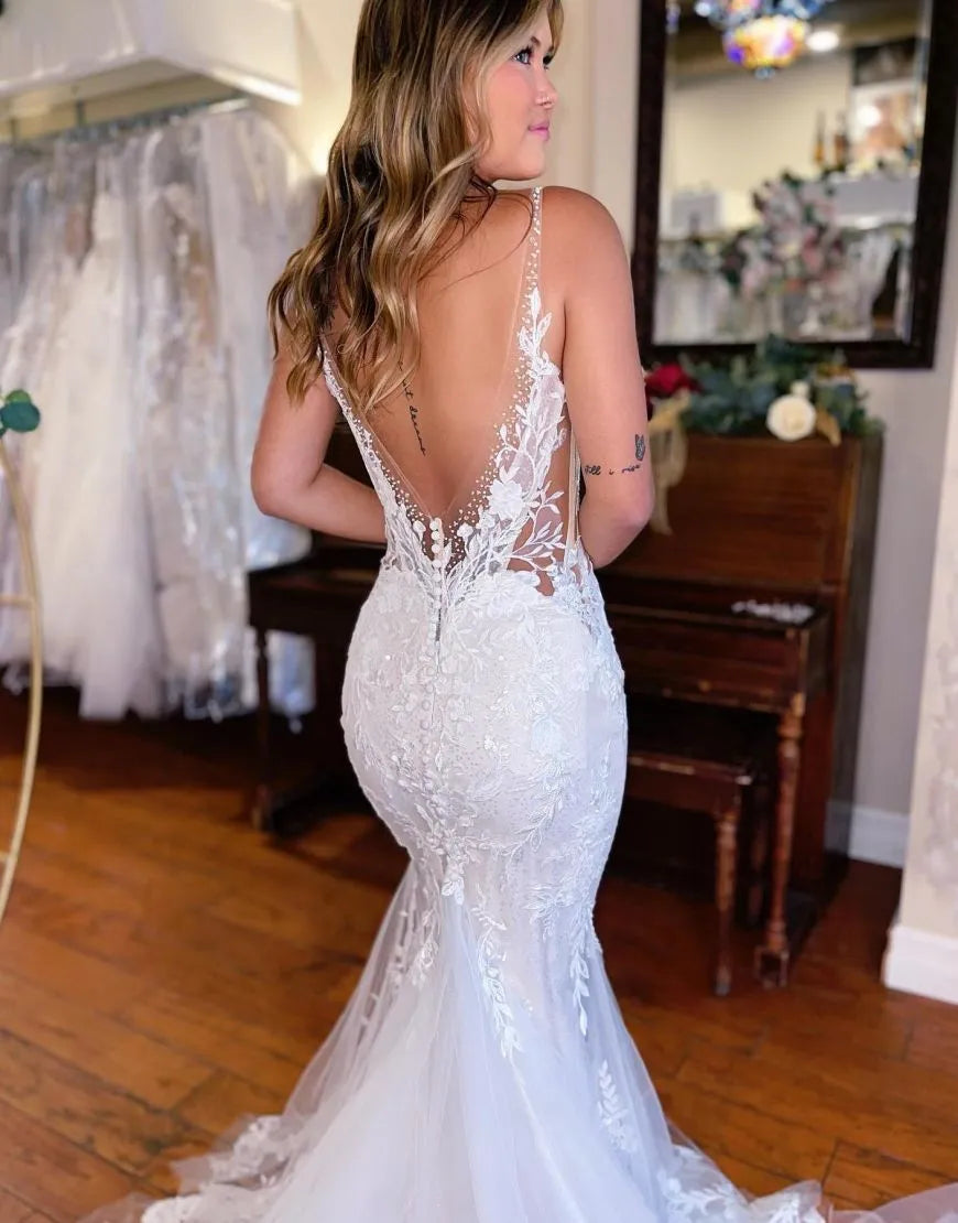 Mermaid Deep V-Neck Chapel Train Wedding Dress With Appliques