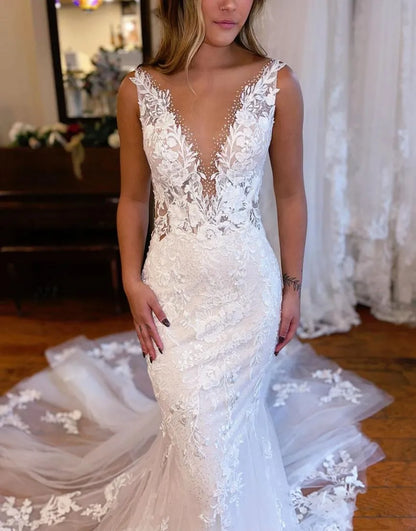 Mermaid Deep V-Neck Chapel Train Wedding Dress With Appliques