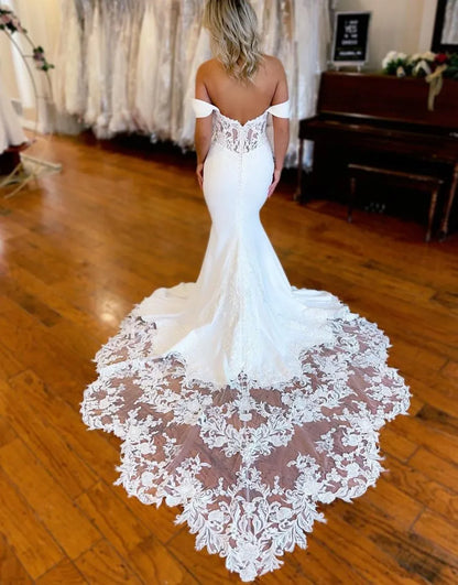 Mermaid Off The Shoulder Chapel Train Wedding Dress With Appliques