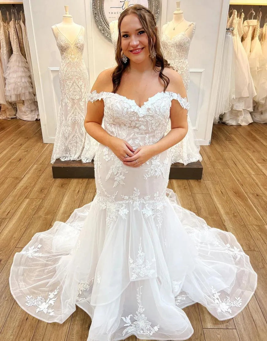 Mermaid Off The Shoulder Court Train Wedding Dress With Appliques