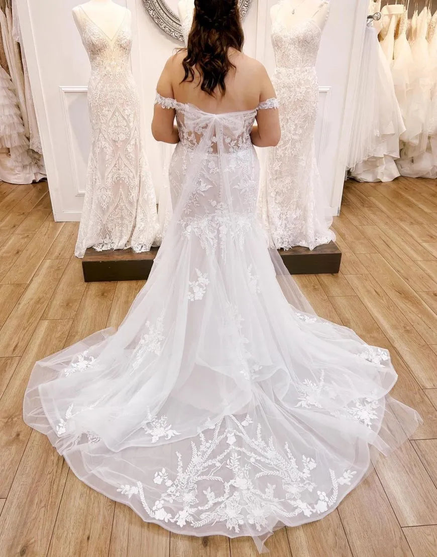 Mermaid Off The Shoulder Court Train Wedding Dress With Appliques