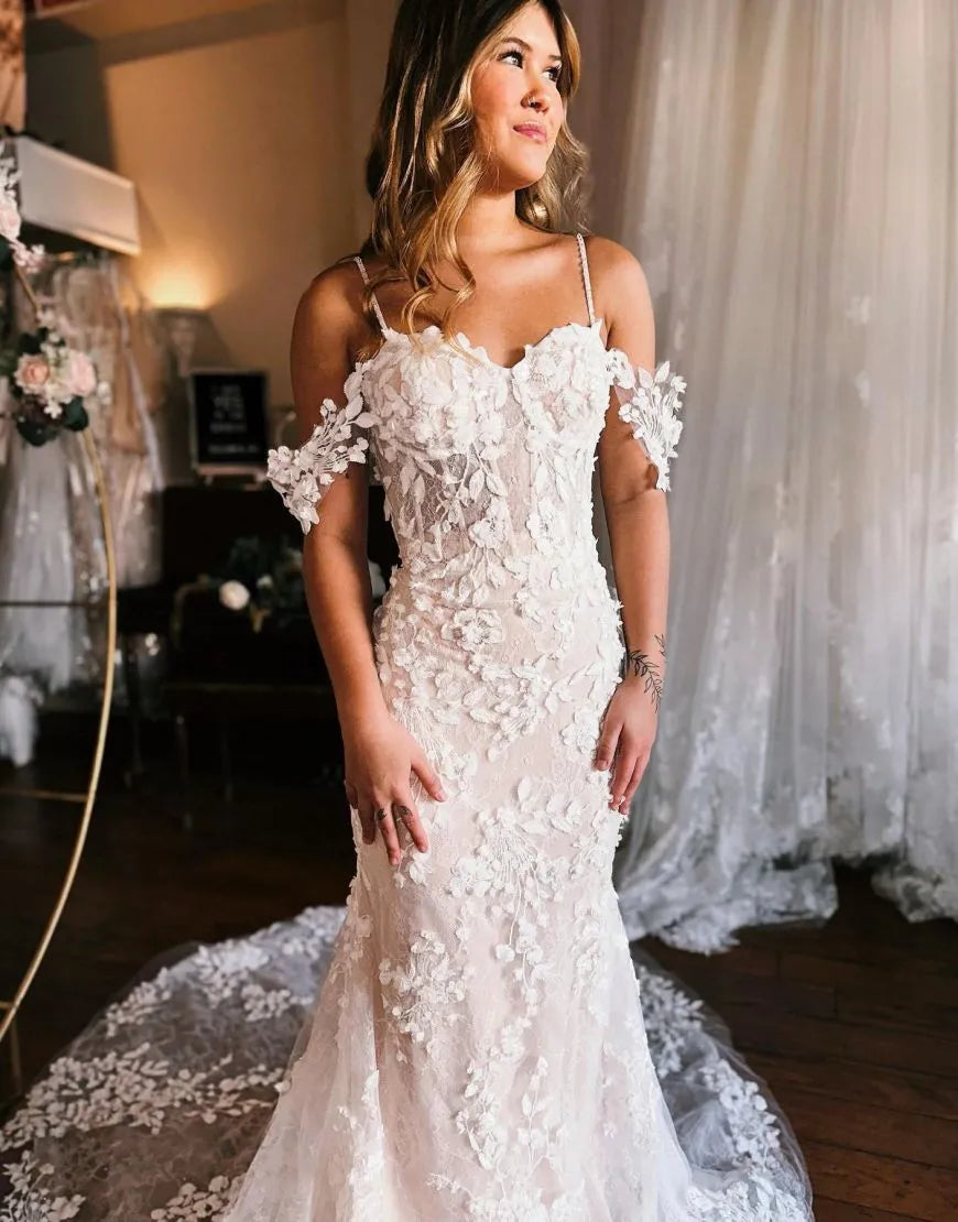 Mermaid Off The Shoulder Wedding Dress With 3D Appliques