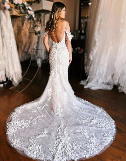 Mermaid Off The Shoulder Wedding Dress With 3D Appliques