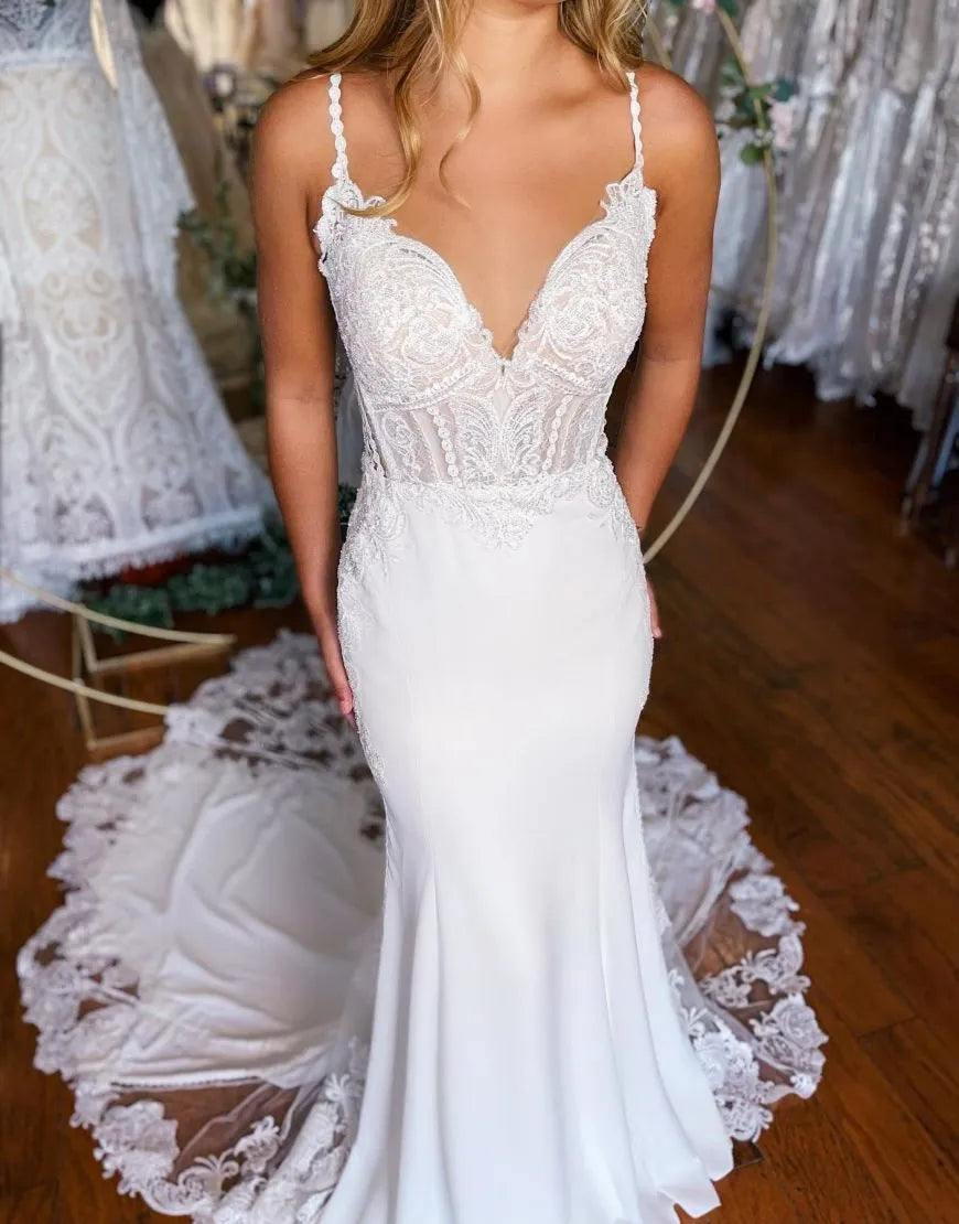 Mermaid Spaghetti Straps Stretch Satin Wedding Dress With Appliques