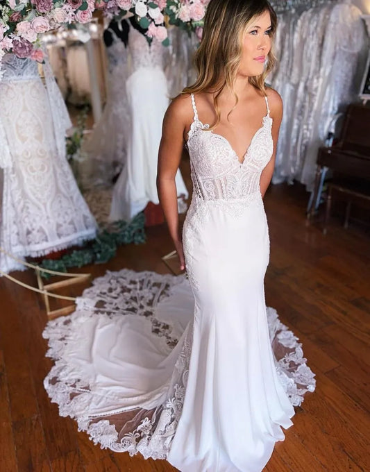 Mermaid Spaghetti Straps Stretch Satin Wedding Dress With Appliques