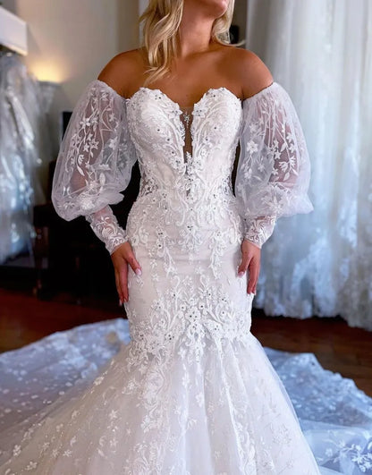 Mermaid Sweetheart Court Train Wedding Dress With Detachable Sleeves