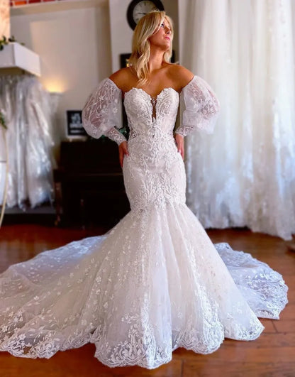 Mermaid Sweetheart Court Train Wedding Dress With Detachable Sleeves