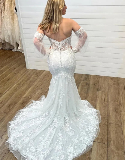 Mermaid Sweetheart Neck Court Train Wedding Dress With Detachable Sleeves