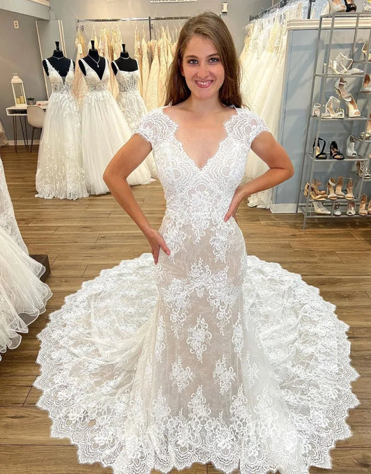 Mermaid V-Neck Cap Sleeves Open Back Chapel Train Lace Wedding Dress