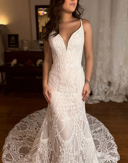 Mermaid V-Neck Spaghetti Straps Court Train Lace Wedding Dress