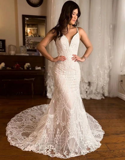 Mermaid V-Neck Spaghetti Straps Court Train Lace Wedding Dress