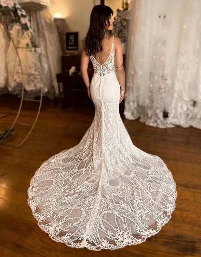 Mermaid V-Neck Spaghetti Straps Court Train Lace Wedding Dress