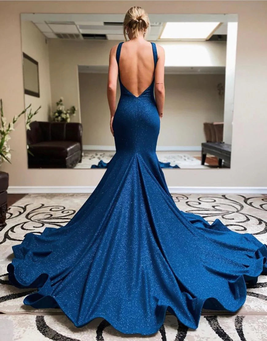 Navy Mermaid Halter Neck Open Back Court Train Prom Dress